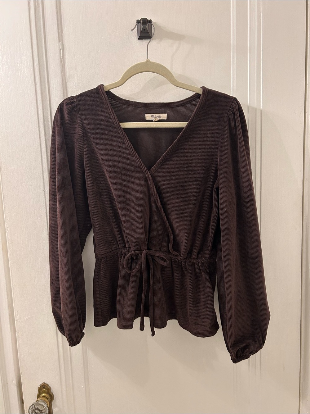 Madewell Brown Corduroy Wrap Blouse with Waist Tie